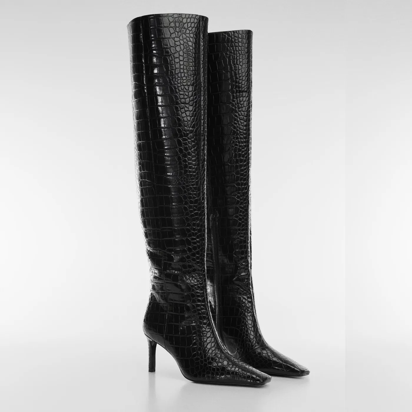 Black Croc-Effect Based Stiletto Boots - 图片 2